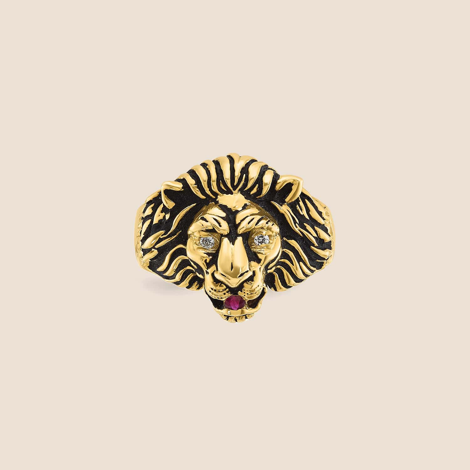 10K Gold Men's Diamond & Ruby Antiqued Lion Ring - Image 5