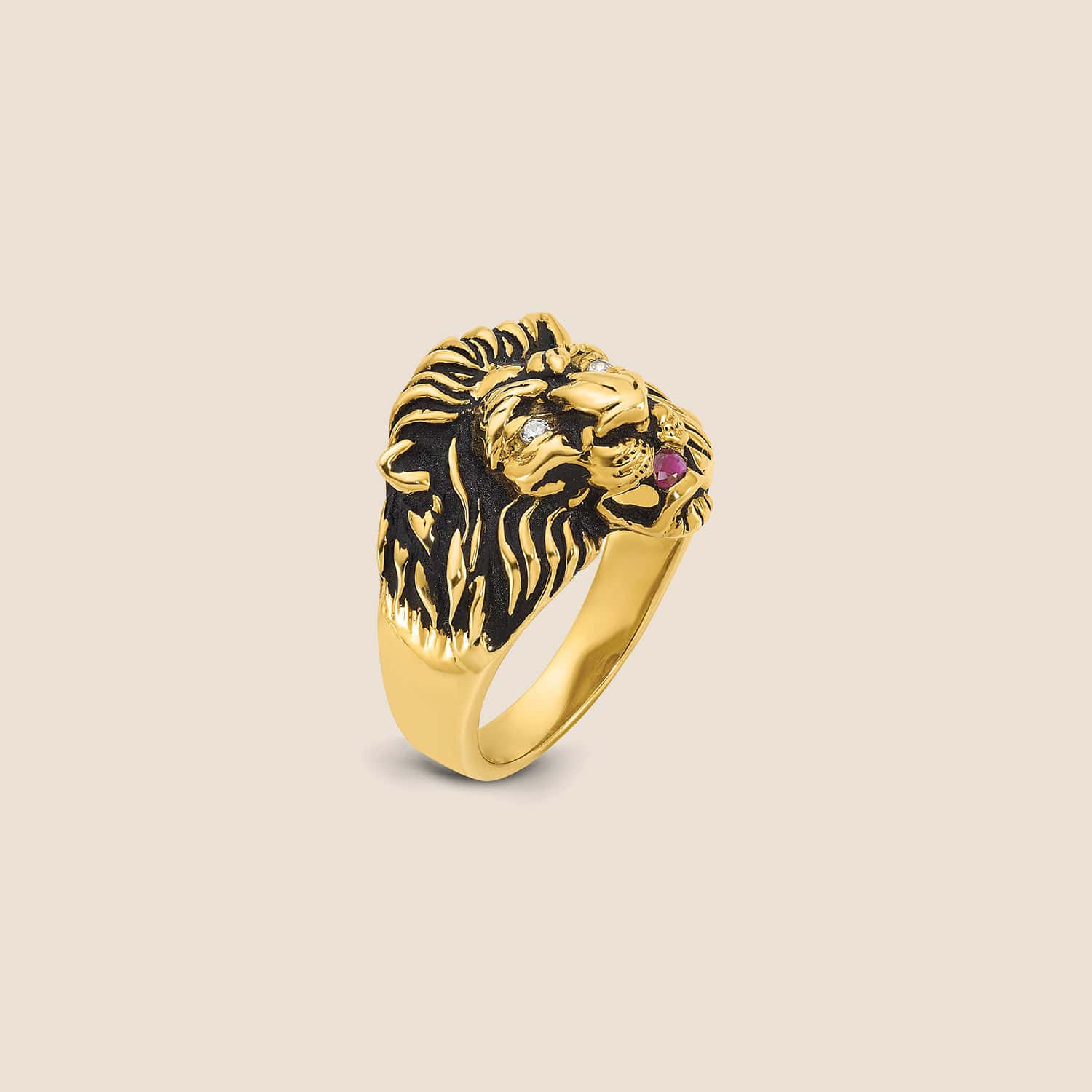 10K Gold Men's Diamond & Ruby Antiqued Lion Ring - Image 7