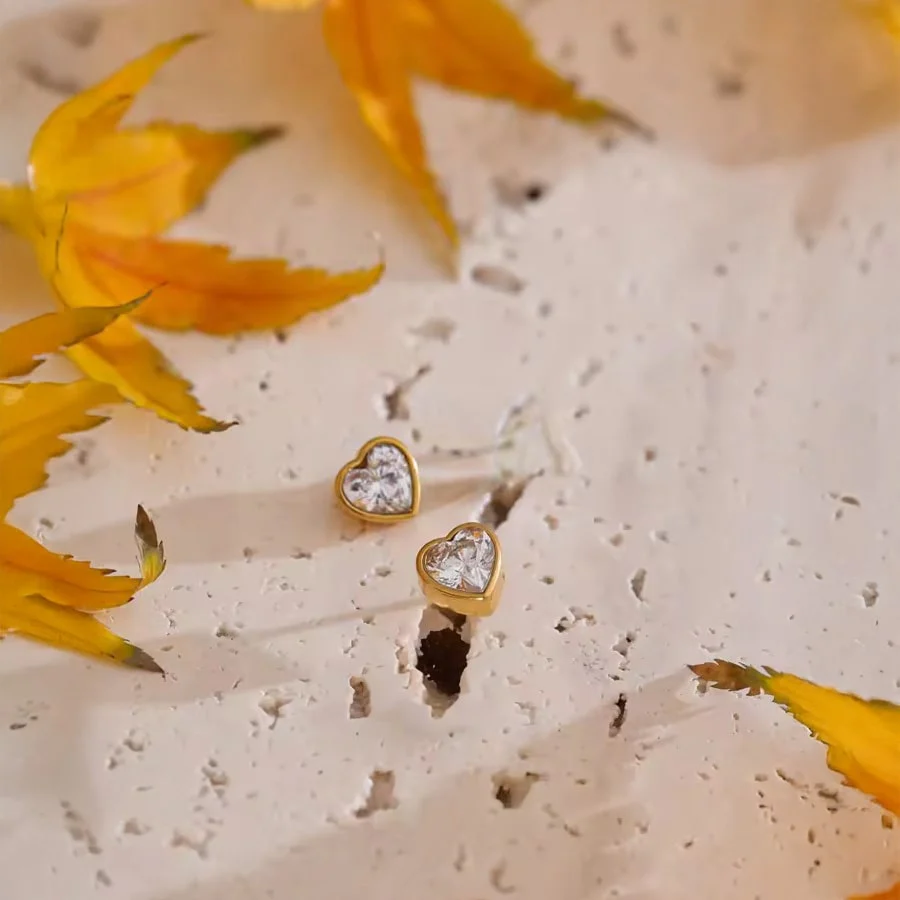 18K Gold PVD Stud Earrings w/ Cubic Zirconia Bling Heart - Image 3