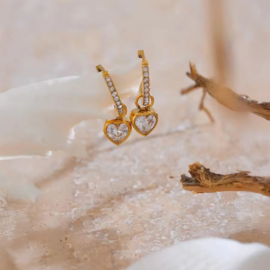 18K Gold PVD Drop Hoop Earrings w/ Cubic Zirconia Heart - Image 2