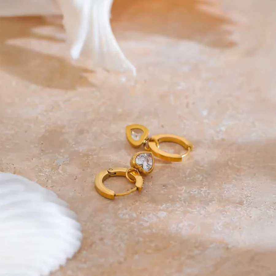 18K Gold PVD Drop Hoop Earrings w/ Cubic Zirconia Heart - Image 3