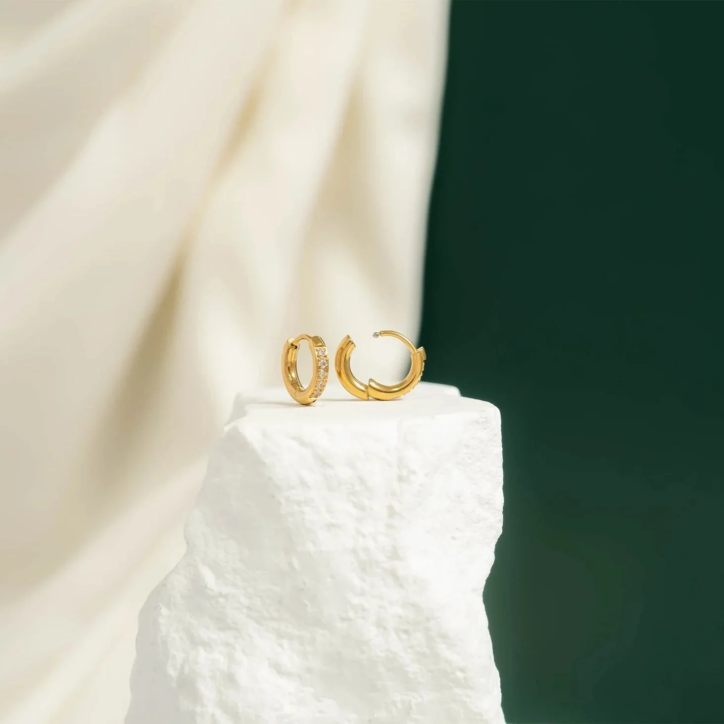 18K Gold PVD CZ Stone Huggie Earrings - Image 4