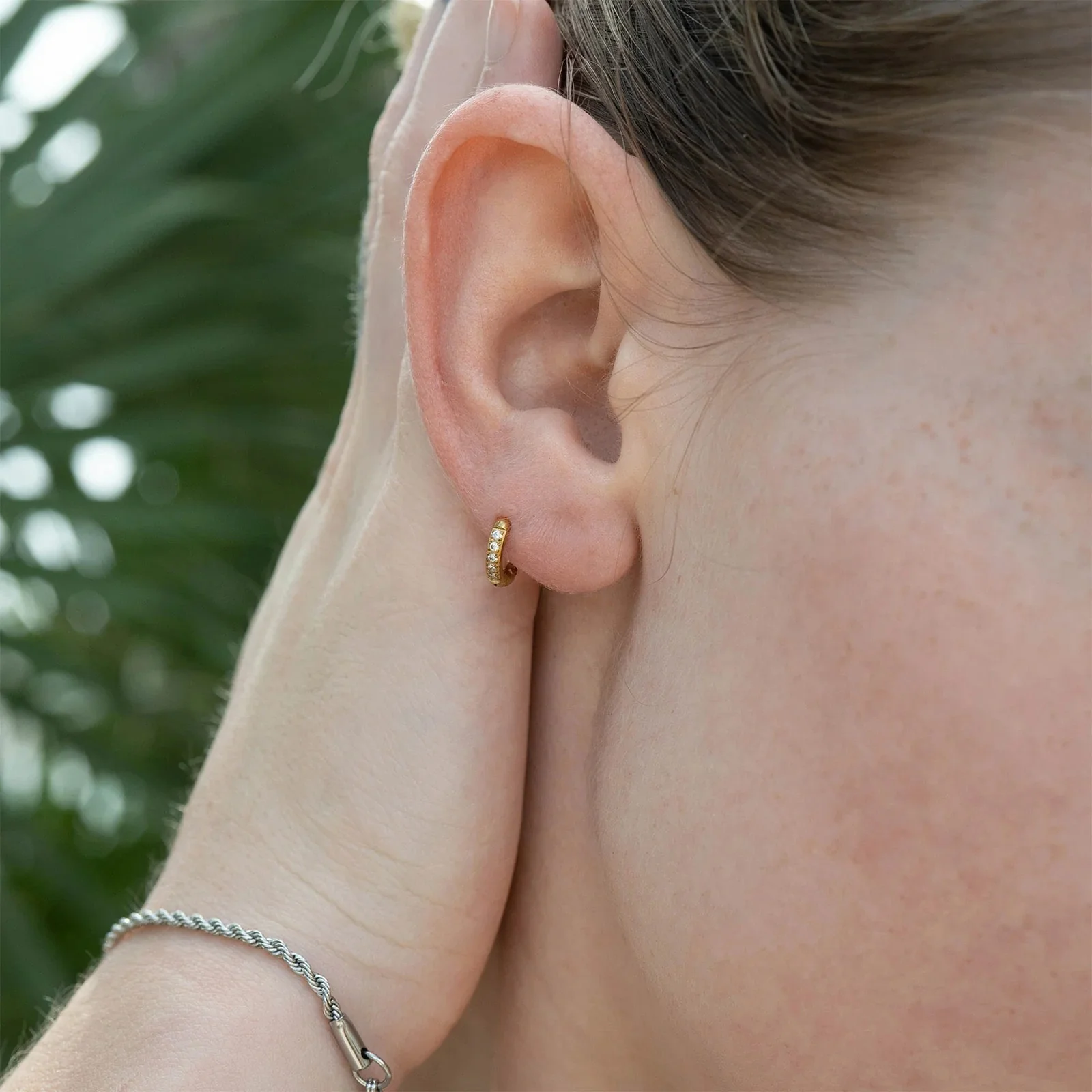 18K Gold PVD CZ Stone Huggie Earrings - Image 7