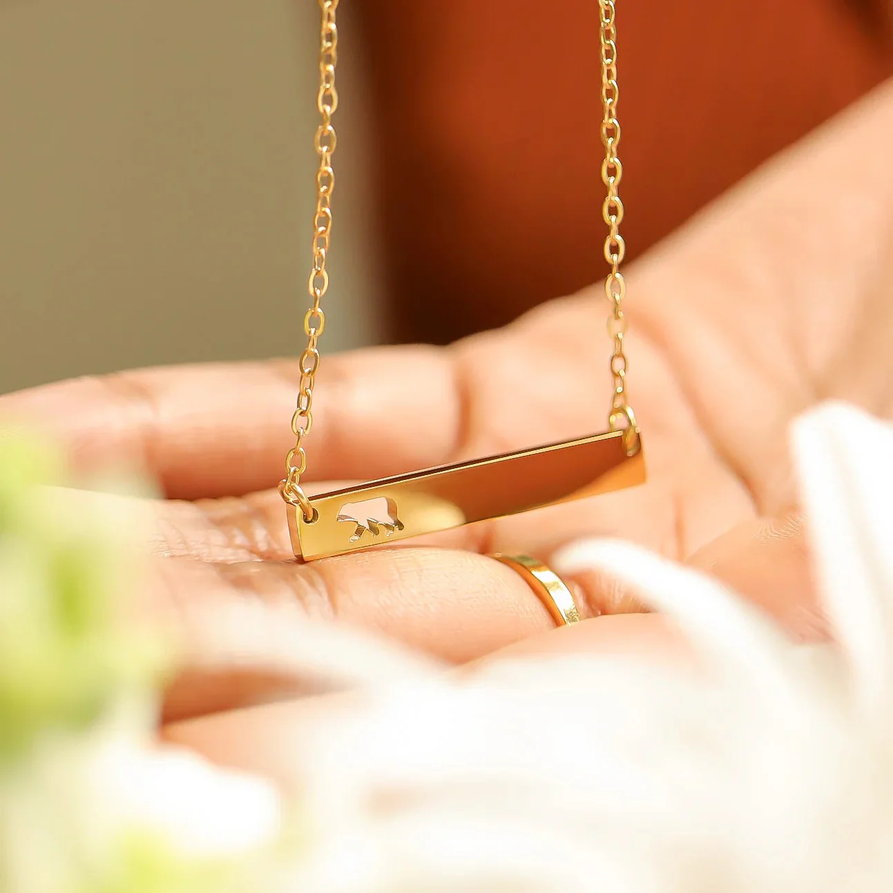 18K Gold PVD Mama Bear Horizontal Bar Necklace - Image 2