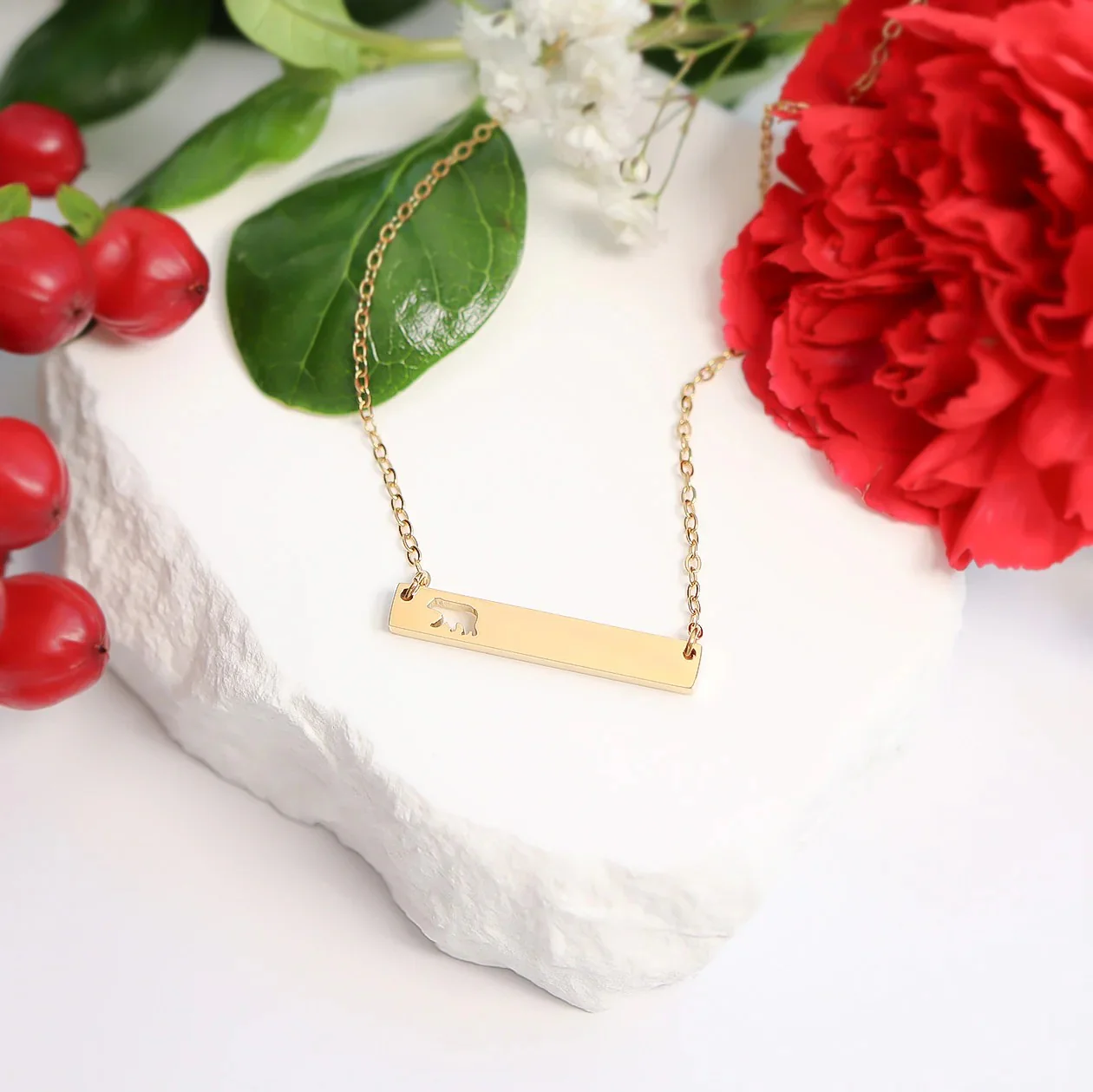 18K Gold PVD Mama Bear Horizontal Bar Necklace - Image 4