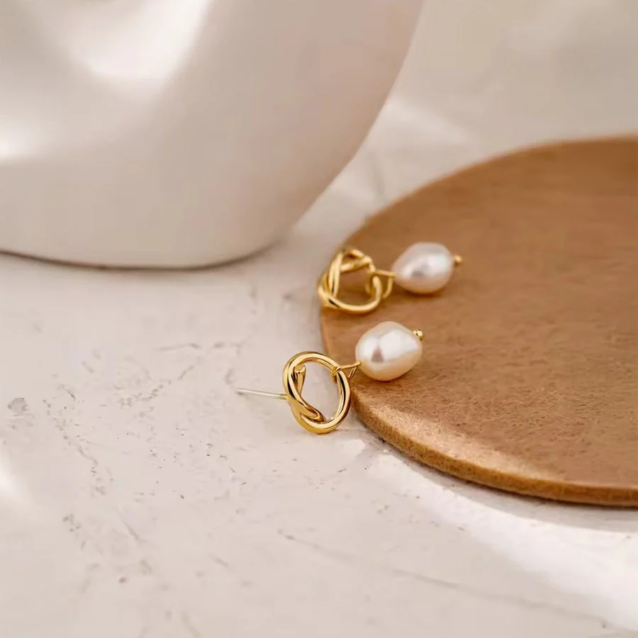 18K Gold PVD Minimalist Drop Earrings w/ Natural Pearl - Image 4
