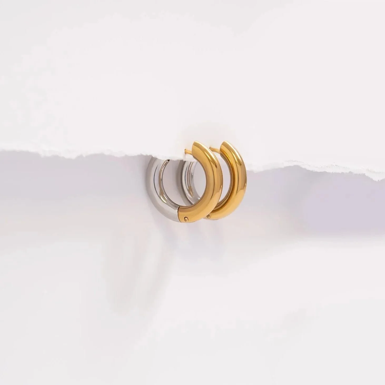18K Gold PVD Mixed Metal Round Huggie Earrings - Image 3