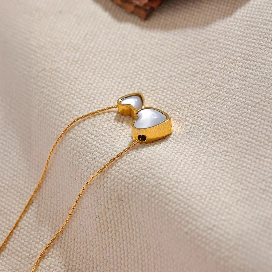 18K Gold PVD Pendant Necklace w/ Double Natural Shell Hearts - Image 2