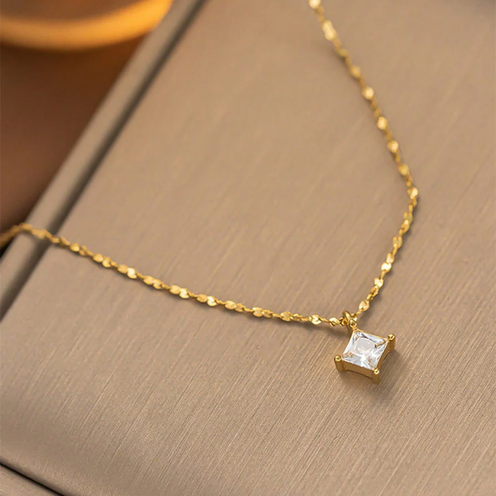 18K Gold PVD Necklace w/ Princess Cut Cubic Zirconia - Image 3