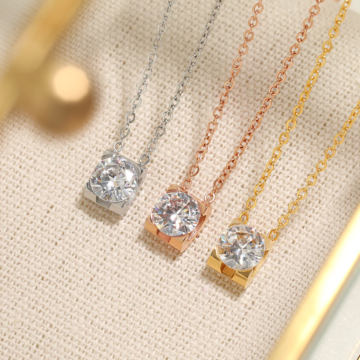 18K Rose Gold PVD Necklace w/ Round Mounted Cubic Zirconia - Image 3