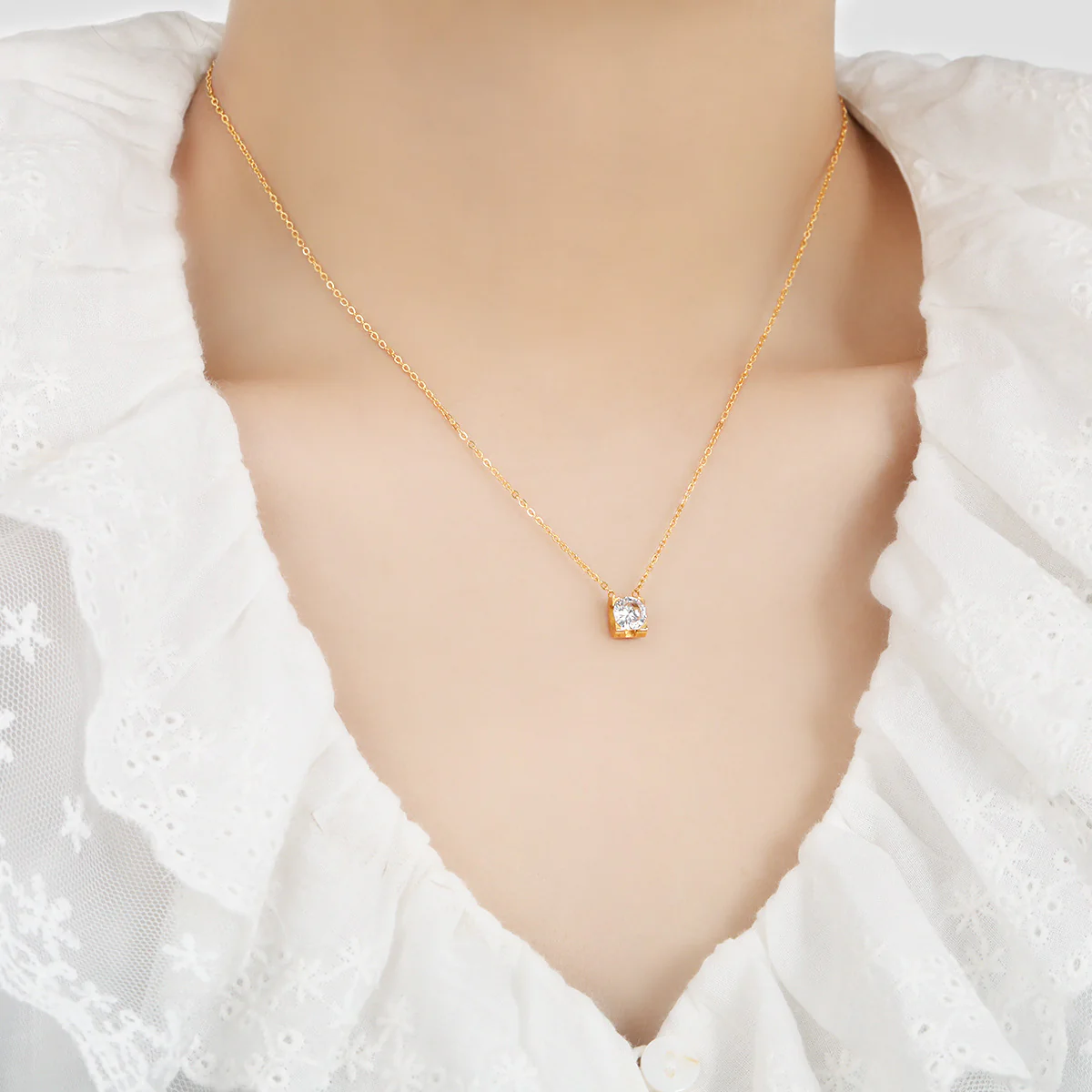 18K Rose Gold PVD Necklace w/ Round Mounted Cubic Zirconia - Image 4