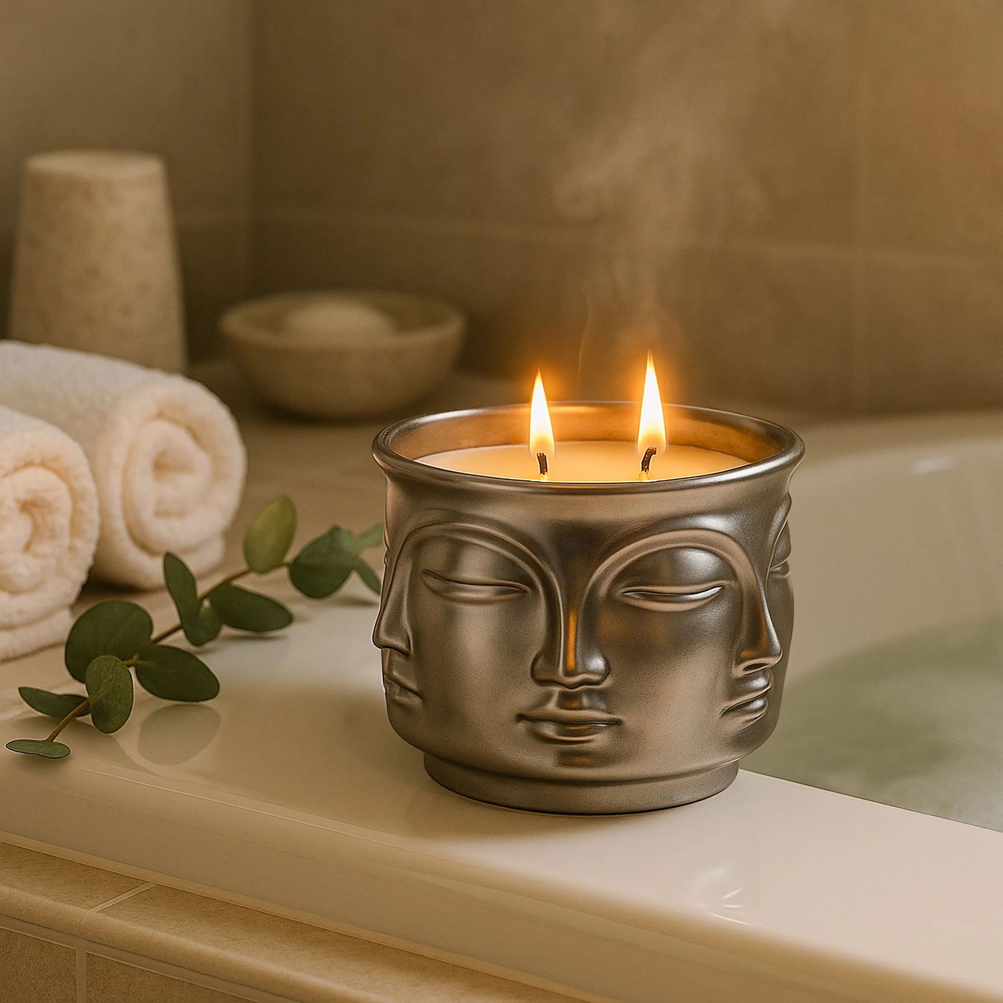 Silver Serenity: Buddha Head Dual Wick Candle + .10ct Diamond - Image 5