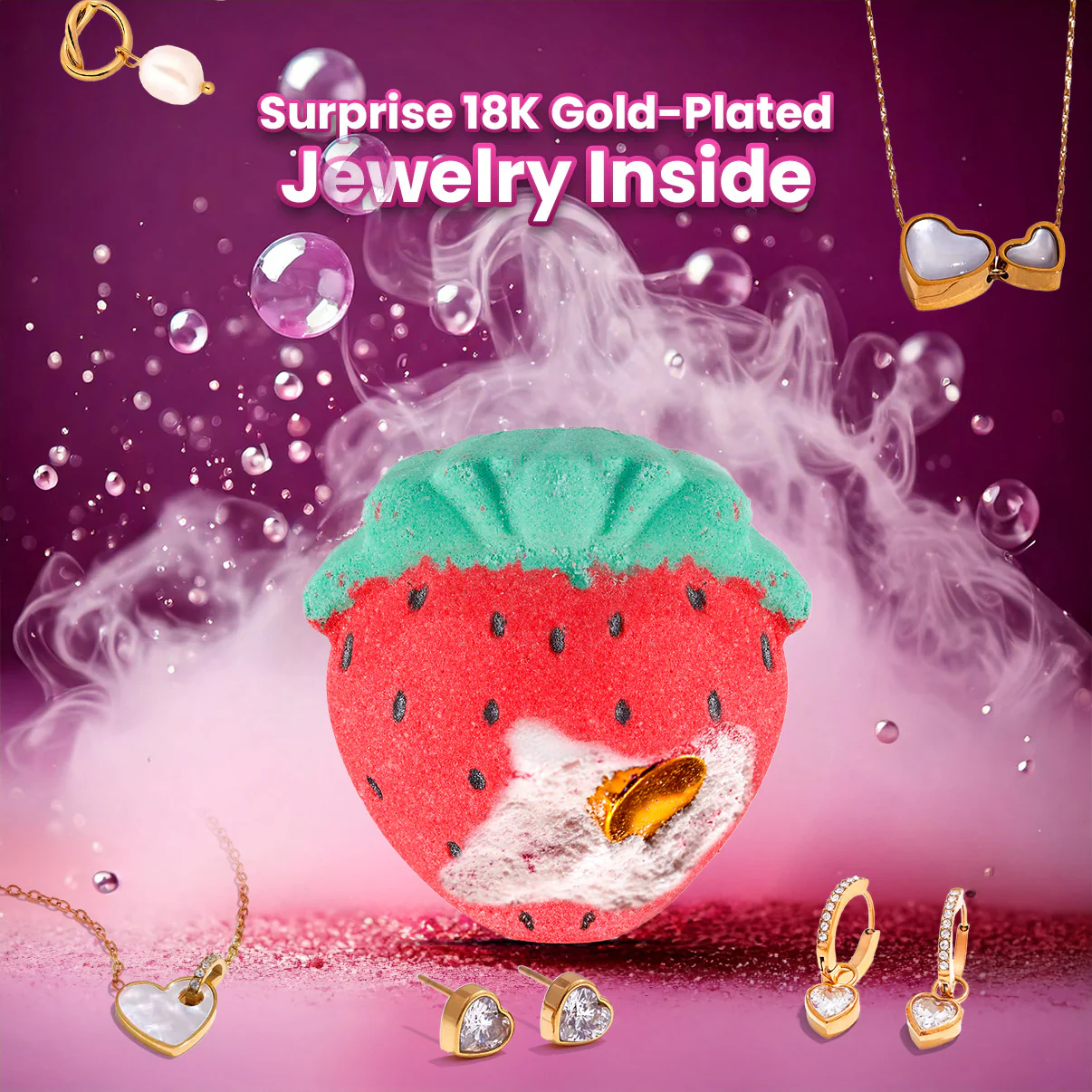 Strawberry Pop Bath Bomb w/ Surprise 18K Gold-Plated Jewelry Inside - Image 6