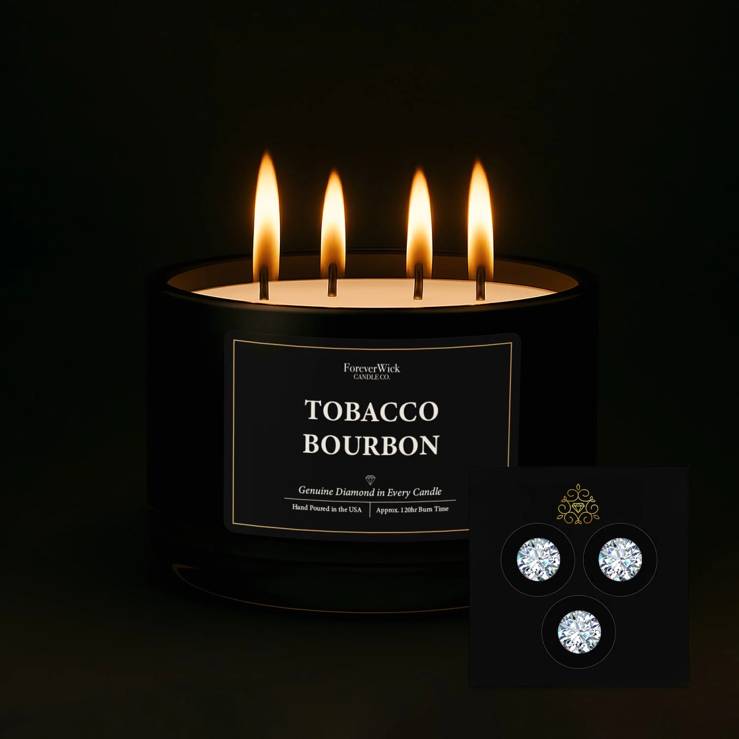 Tobacco Bourbon 4 Wick Candle + 3 Diamonds Inside