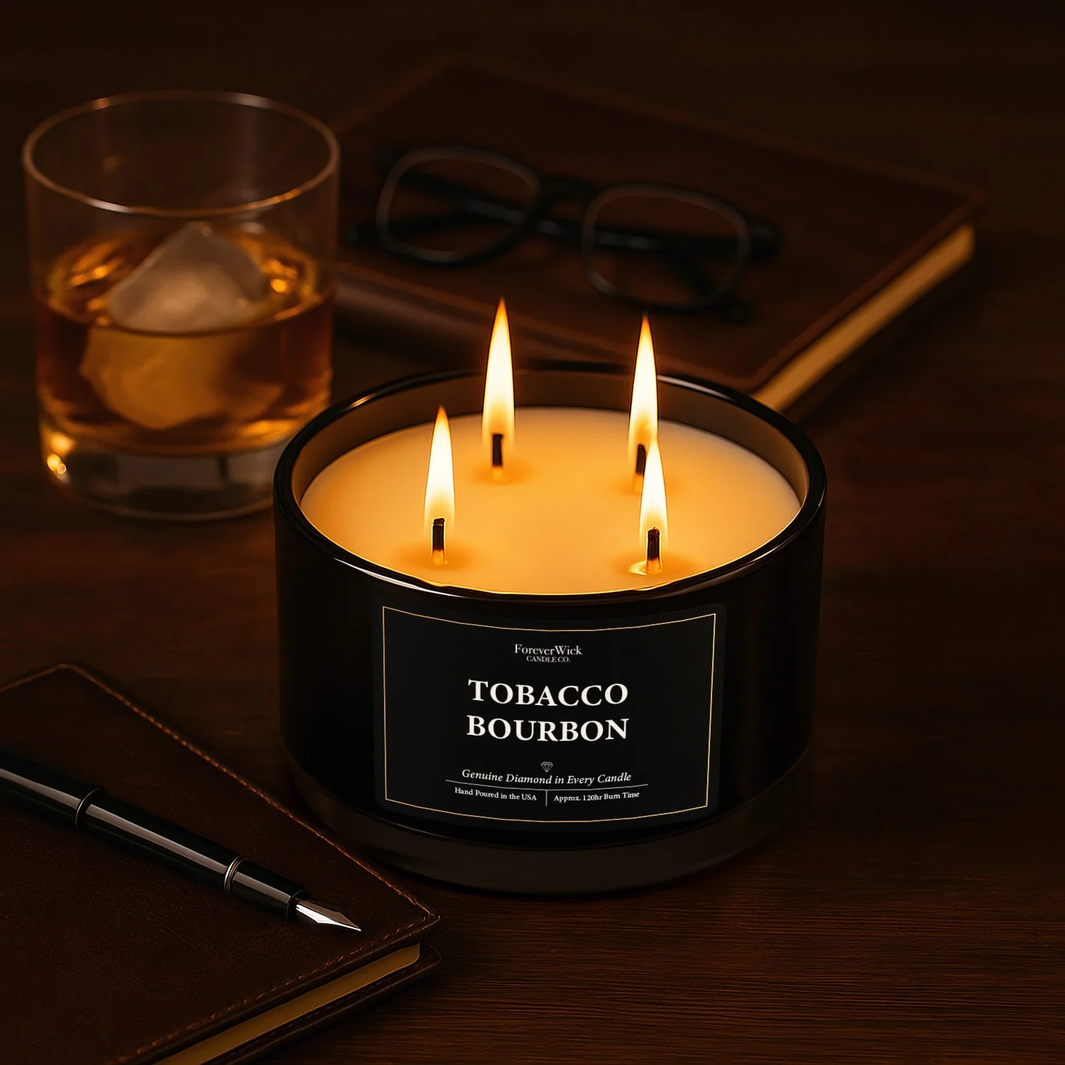Tobacco Bourbon 4 Wick Candle + 3 Diamonds Inside - Image 2